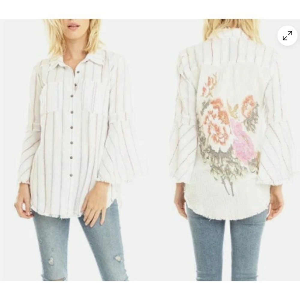 Aratta Los Angeles Floral Embroidered Shirt Blouse Womens Large Bell Sleeves Top